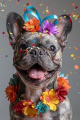 Small Dog Wearing Colorful Flower Crown