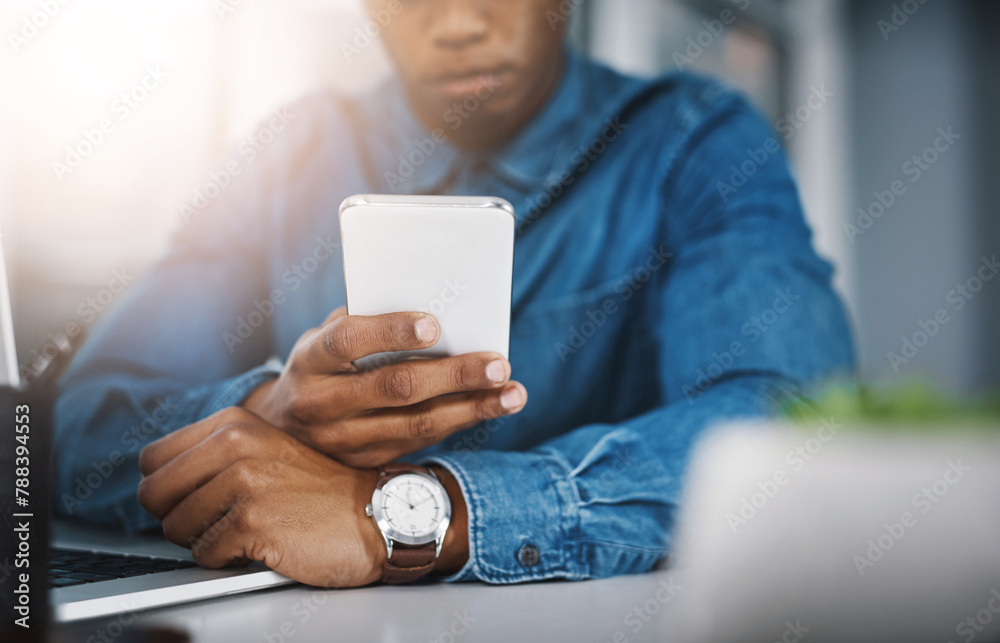Aufkleber business, hands and man with cellphone, typing and check email for deadline and research for company