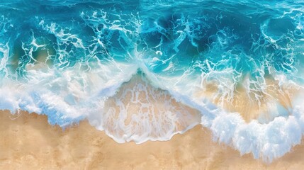 Obraz premium Beautiful natural summer vacation background. Aerial top view drone shot of turquoise waves breaking white bubbles on pristine white sand