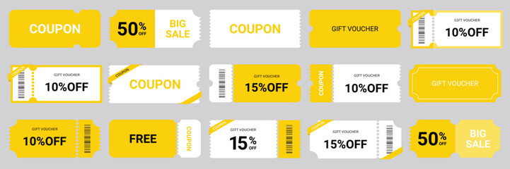 Coupon promotion illustration set. Discount coupon, gift voucher, coupon book.
