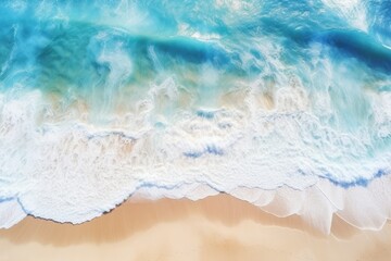 Beautiful natural summer vacation background. Aerial top view drone shot of turquoise waves breaking white bubbles on pristine white sand