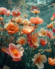 Magical flowers growing underwater, view from under the surface of the water