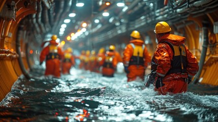Group of People in Orange Suits and Hard Hats