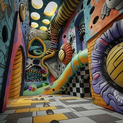 Craft a 3D rendered street art masterpiece with a surreal wormseye perspective, using photorealistic techniques to bring the vivid colors and dynamic