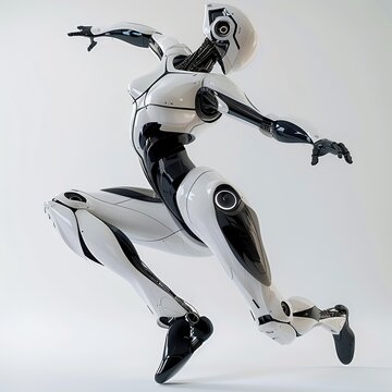 Capture the sleek lines of a humanoid robot, executing a flawless pirouette at a tilted angle, in a photorealistic digital rendering technique