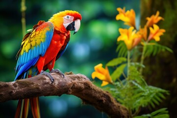 Obraz premium Idyllic Parrot macaw tropical island. Nature art tropical bird zoo. Generate Ai