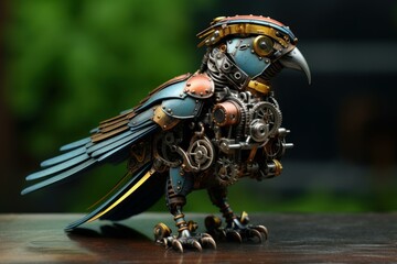 Naklejka premium Quirky Steelpunk mechanical parrot. Art bird. Generate Ai