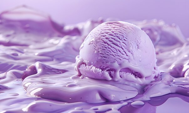 A ball of purple ice cream floating in a purple melting ice cream