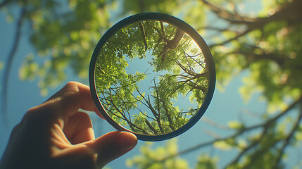 Nature's Focus
A magnifying glass reveals the vivid details and lush greenery of a birch tree, contrasting with the blurred pebble backdrop. - obrazy, fototapety, plakaty