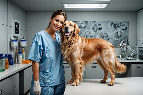 golden retriever dog with girl veterinarian