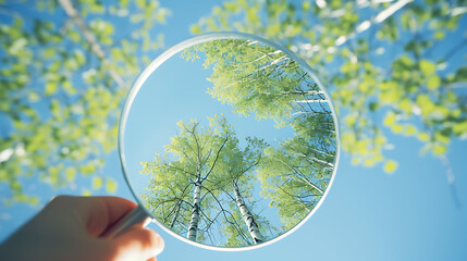 Nature's Focus
A magnifying glass reveals the vivid details and lush greenery of a birch tree, contrasting with the blurred pebble backdrop.
