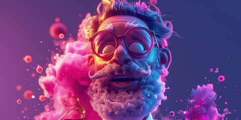 Animated hipster man with beard and glasses standing in front of swirling pink smoke