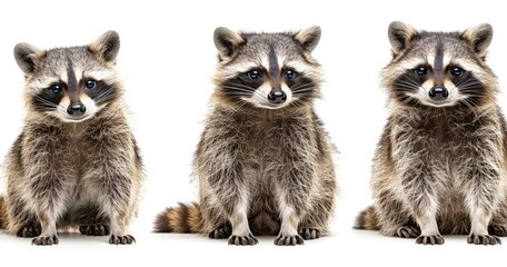 trio of inquisitive raccoon friends on white background