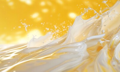 A splash of milk and waves on a bright yellow background, a place for text
