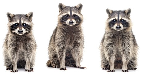 Set of three raccoons in different poses on a white background