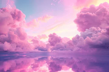 Fototapeten Pink Mystery Clouds, Fantastic Sea Reflections, Bright Lights in the Morning, Colorful Fluffy Clouds Flowing in sky © RBGallery