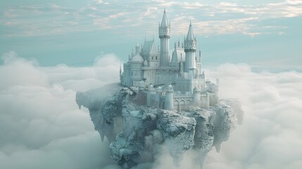 The fairy-tale white castle floats among fluffy white clouds.