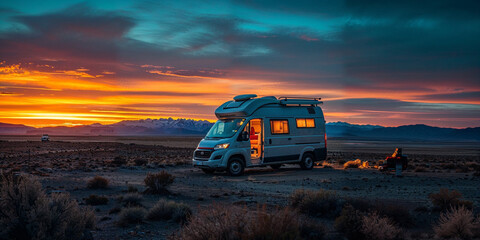 Adventure Awaits: Van Parked in Desert at Twilight