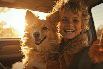 Joyful Boy and His Dog Enjoying a Sunny Car Ride