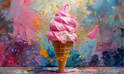 Pink Ice Cream Cone Painting - obrazy, fototapety, plakaty