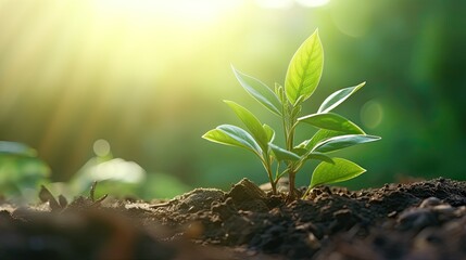 Young Green Plant Sprouting in Soil. Beginning the Morning with Sunlight Bokeh Against a Natural Green Background. Copy Space for Earth Day Banner or Poster