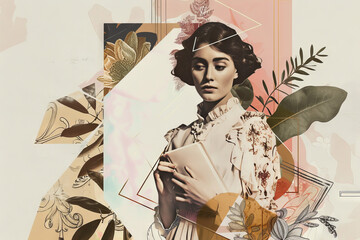 Vintage-Inspired Woman with Geometric Overlay and Floral Motifs