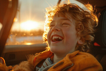 Joyful Kid Laughing in Car During Sunset Travel