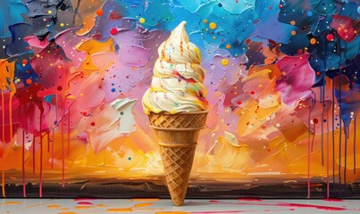 Vibrant Painting of an Ice Cream Cone With Sprinkles