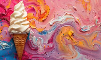 Ice Cream Cone Painting on Pink and Blue Background