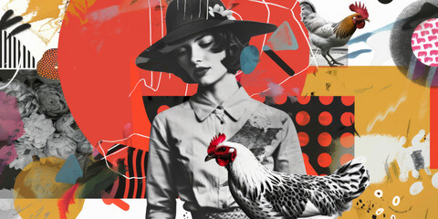 Fashionable Woman with Vintage Hat and Illustrated Rooster Collage