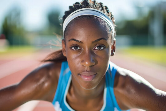 A female sprinter at a starting block - Powered by Adobe