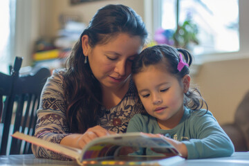 A Latino mother and child revel in reading a book together while completing homework, their...