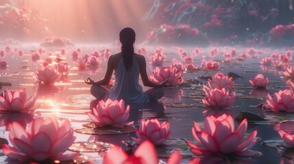 Woman Sitting in Water Lily Pond