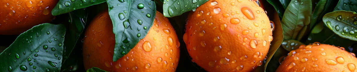 Fresh oranges with green leaves and water drops. Panorama banner 
