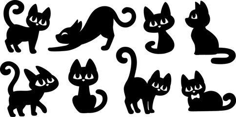Black cats vector collection. Cartoon cats for Halloween and other designs.