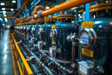 Fototapeta premium A modern industrial water filtration system with pressure gauges, pipes, and tanks in a large-scale manufacturing facility