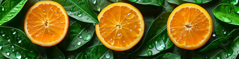 Fresh orange slices with green leaves and water drops. Close up view, panorama banner 
