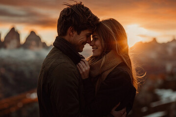 Romantic Couple Embracing in Mountain Sunset View