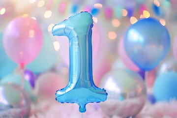 Pastel blue helium floating balloon made in shape of number one. Baby boy birthday party for 1 year celebration, copy space