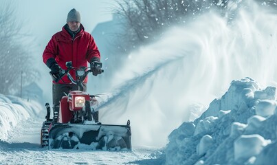 Cleaning snow using a snowblower on winter road