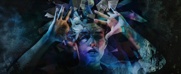 Surreal Portrait of Woman with Geometric Overlays and Dark Tones - obrazy, fototapety, plakaty