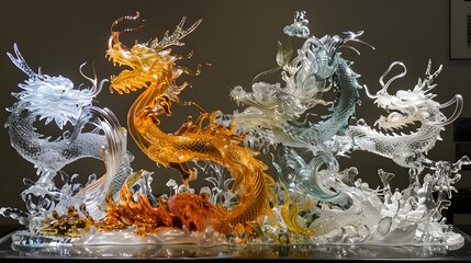 Golden Chinese Dragon Glass Statue look like on Water