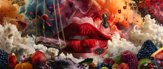 Surreal Lips Amidst Explosive Colorful Smoke and Fruit Fantasy