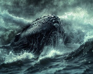 A giant whale emerges from the stormy sea.