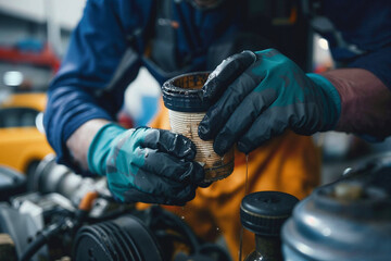 Professional Mechanic Changing Oil Filter in Car Workshop