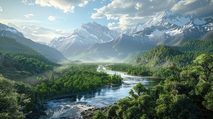 lush forests, flowing rivers, and snow-capped mountains