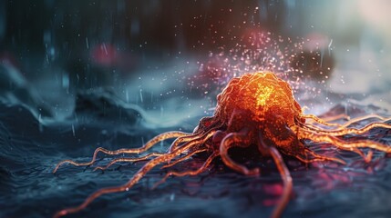 A symbolic illustration of a cancer cell being defeated by medical treatmet - Powered by Adobe