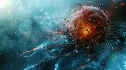 A symbolic illustration of a cancer cell being defeated by medical treatmet