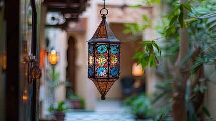 A traditional Ramadan lantern, or fanous, hanging in a window