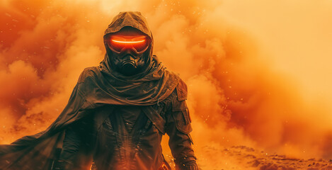 mysterious figure clad in a tattered cloak, with a glowing red visor, standing amidst a storm of orange and red dust clouds. Generative ai - obrazy, fototapety, plakaty